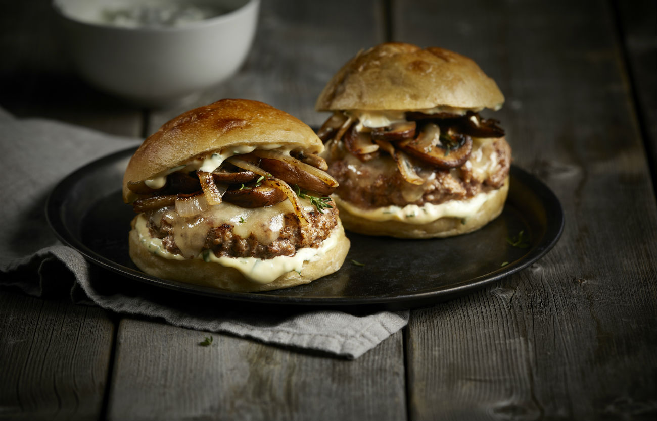 burgers with aged cheddar mushrooms and ranch sauce