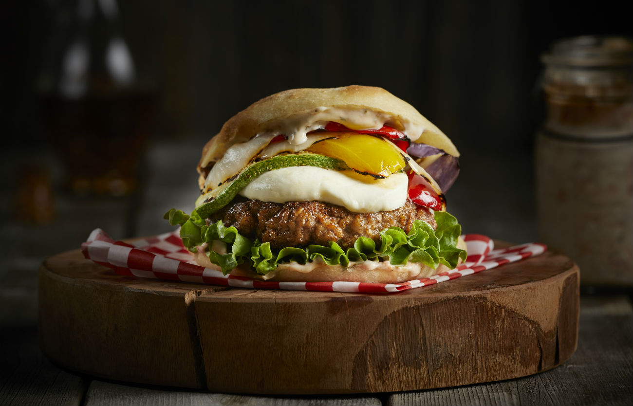 Burgers with Grilled Veggies and Fresh Mozzarella with Roasted Tomato Mayonnaise
