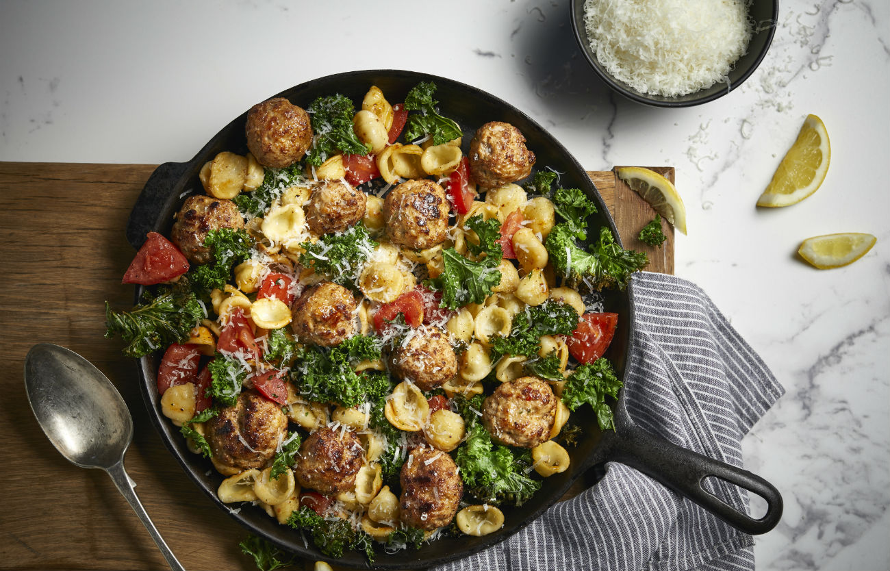 Grilled Orecchiette with Veal, Kale and Tomato Meatballs
