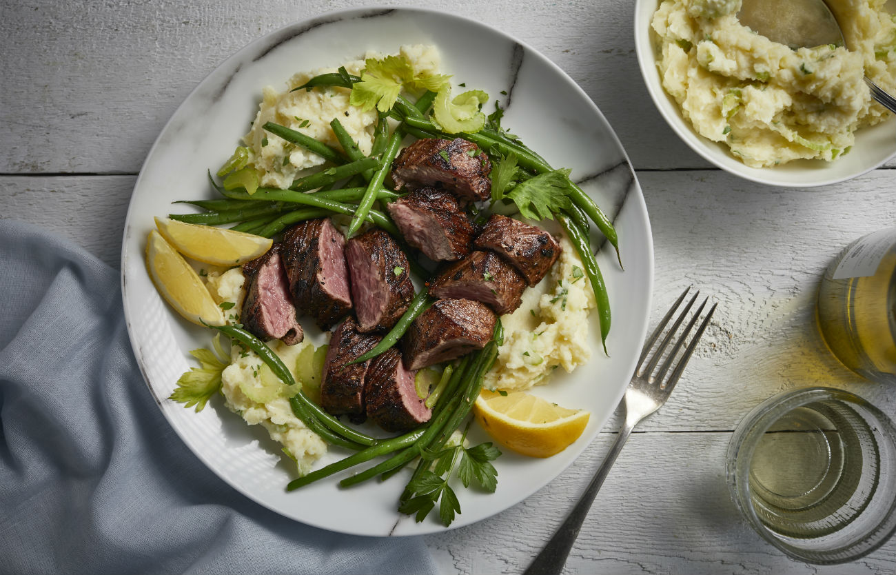 Veal Bavette Steak and Mashed Potatoes with Celery and Green Beans