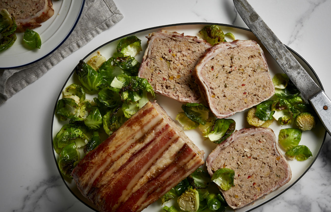 Veal Meatloaf Wrapped in Bacon with Roasted Brussels Sprouts