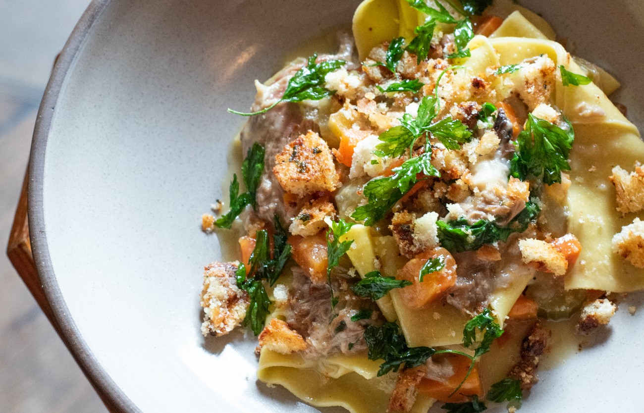 Pappardelle, Braised Veal, Oyster Mushrooms, Vegetables, Parmigiano